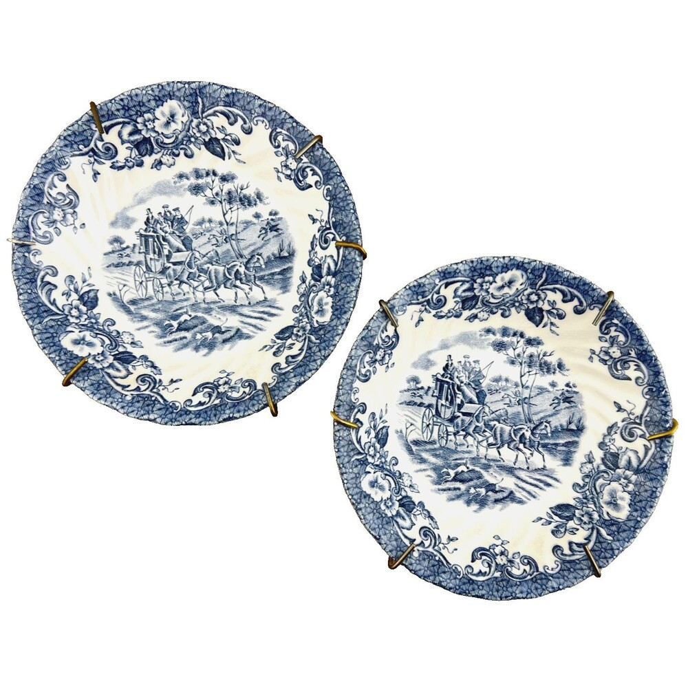 JOHNSON BROS England Coaching Scene Blue White Fruit Saucers Wall Decor Brackets